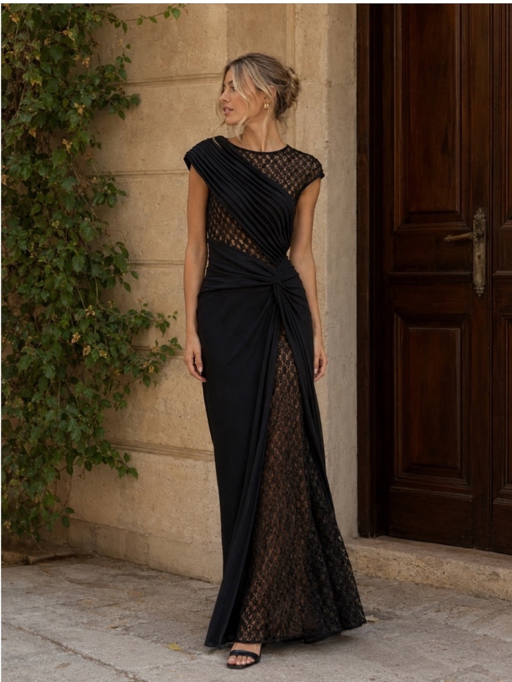 Tadashi Shoji Jetta Peek a Boo Illusion Gown Black Cap Sleeve Maxi Dress
